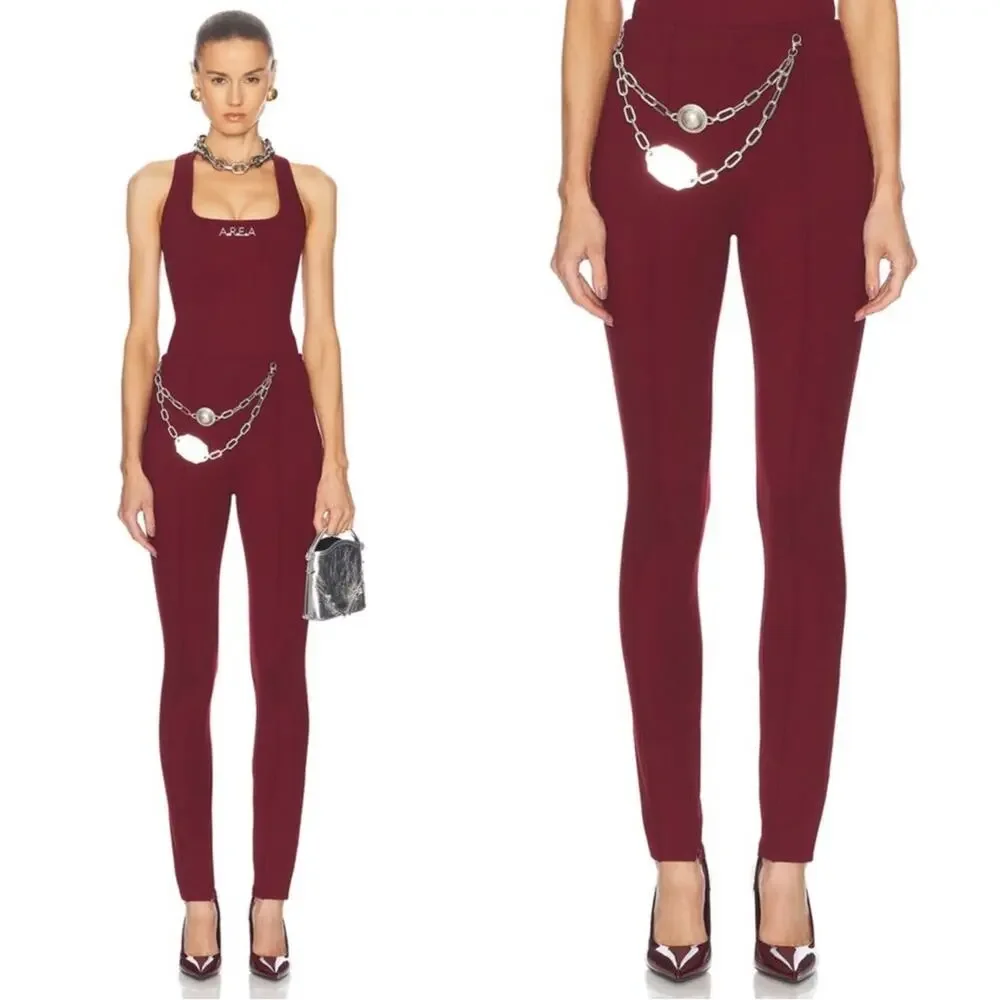 AREA Chain Plate Belt High Waist Pintuck Burgundy Red Legging Size Small - Picture 2 of 7